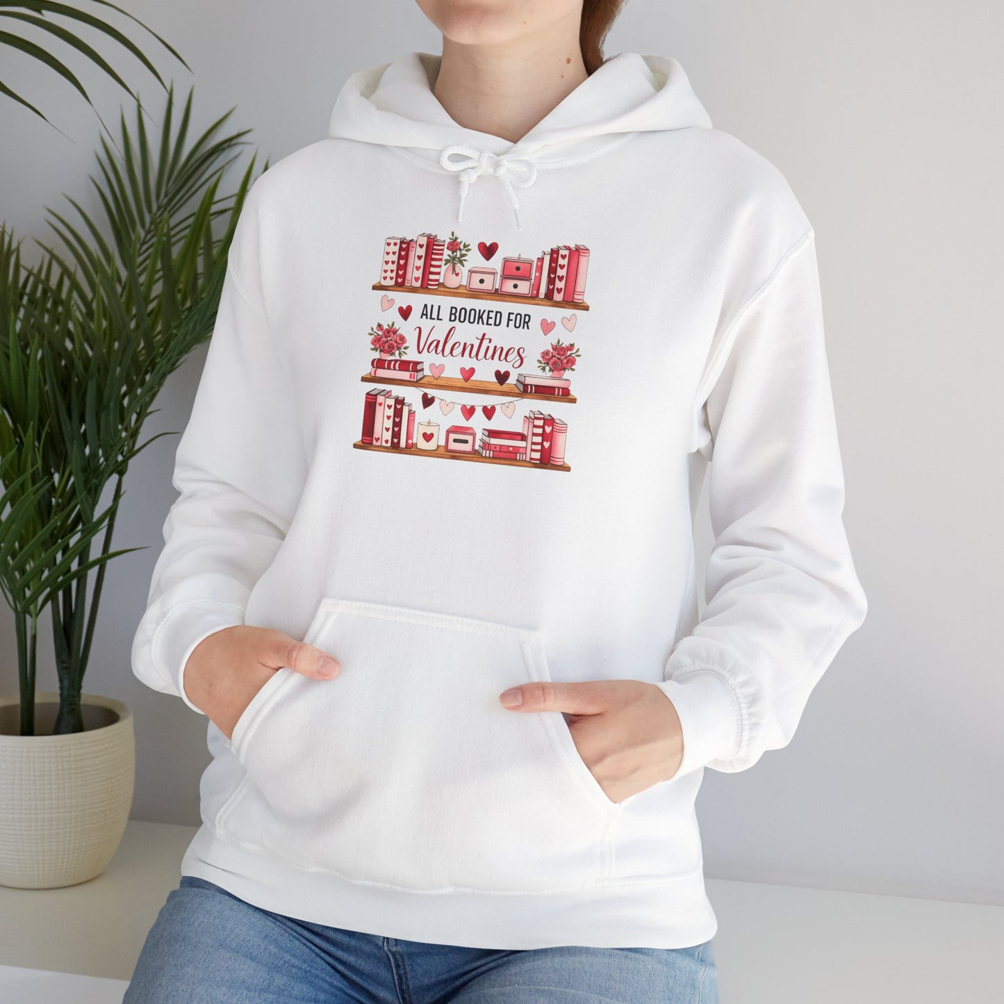 Valentine’s Day Cozy Hoodie – “All Booked for Valentine’s” Cute Bookshop Graphic