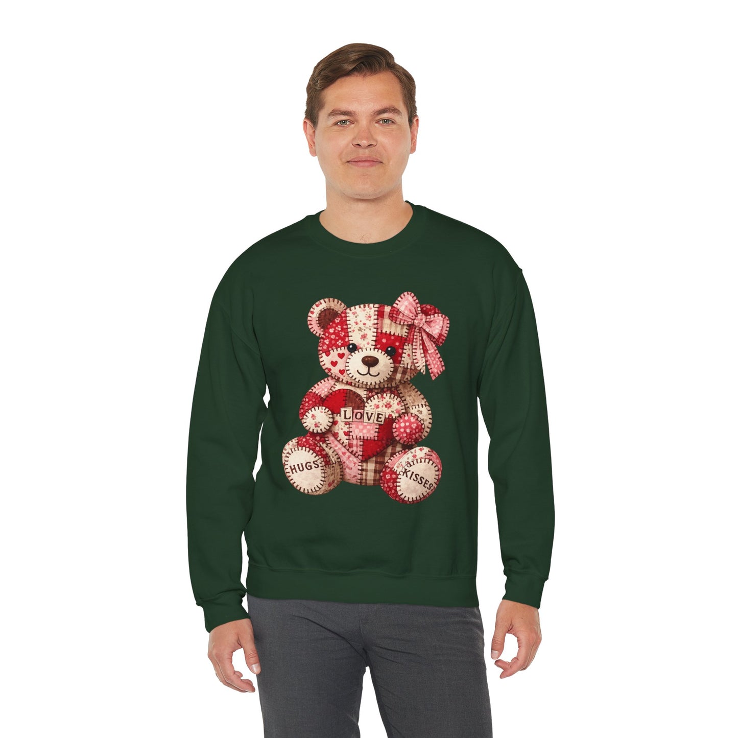 Valentine Patchwork Teddy Sweatshirt — 'Love' Hugs & Kisses Crewneck