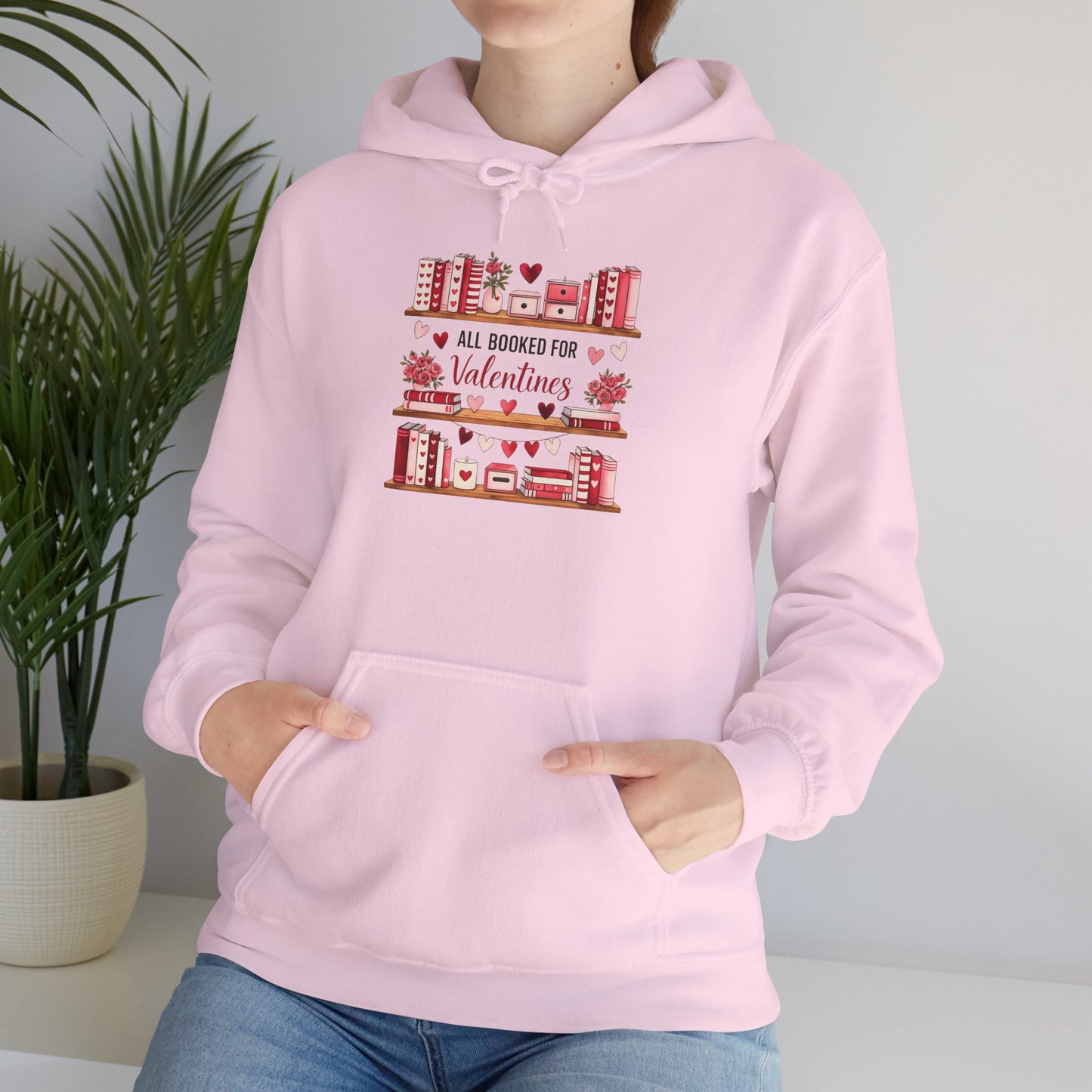 Valentine’s Day Cozy Hoodie – “All Booked for Valentine’s” Cute Bookshop Graphic
