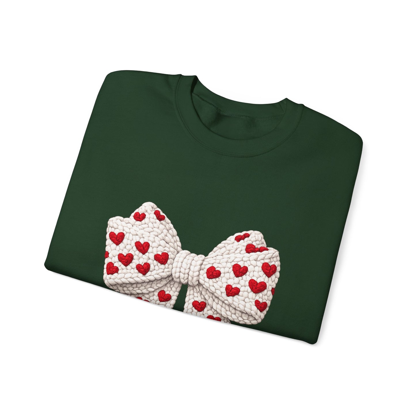 Crewneck Sweatshirt — Knit Heart Bow Graphic (Valentine’s Day, Cute Cozy Pullover)