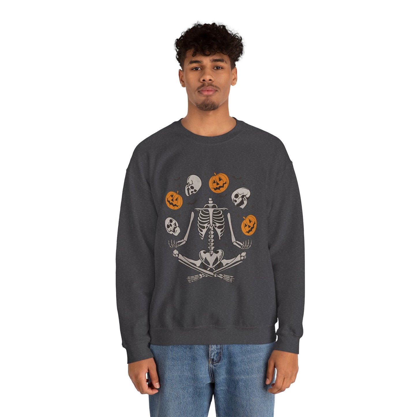 Halloween Skeleton Yoga Sweatshirt, Cute Autumn Apparel, Spooky Season Outfit, Unisex Cozy Crewneck, Gift for Halloween Lovers