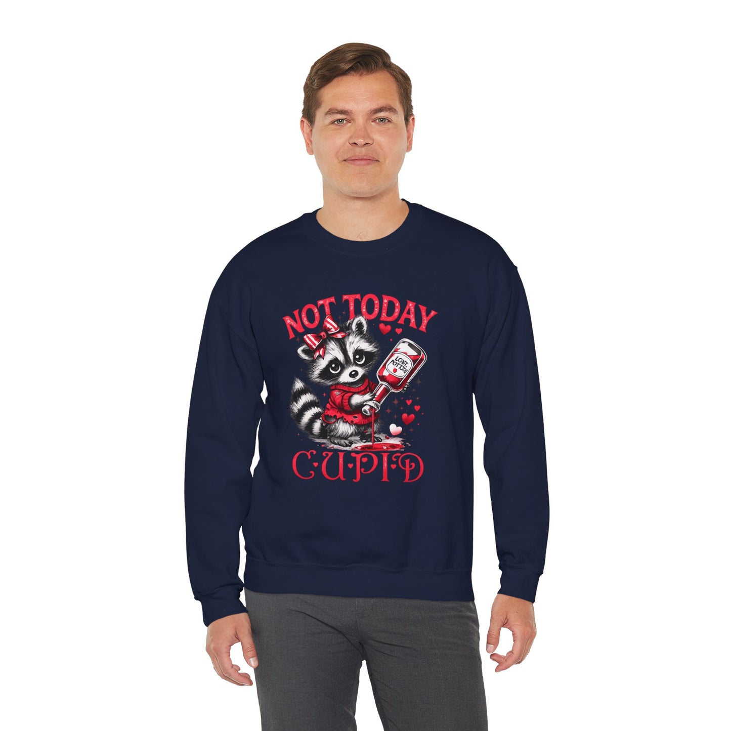 Not Today Cupid Sweatshirt — Cute Raccoon Anti-Valentine Crewneck
