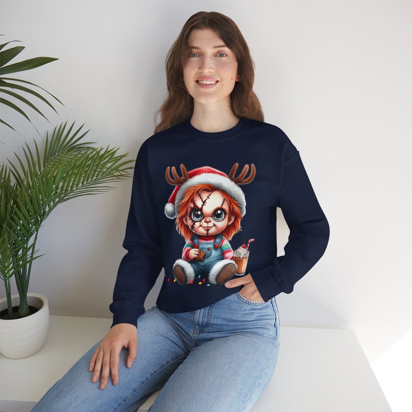 Christmas Chucky Crewneck Sweatshirt — Cute Creepy Reindeer Chucky Holiday Sweatshirt