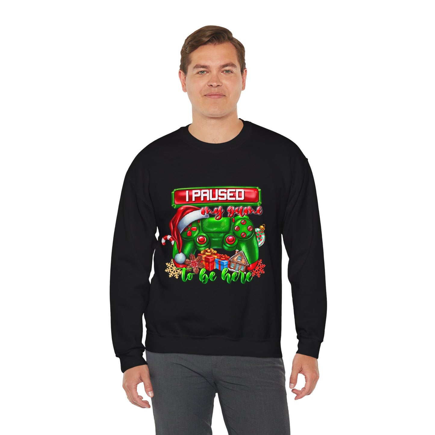 Gaming Christmas Sweatshirt — "I Paused My Game to Be Here" Controller Holiday Crewneck
