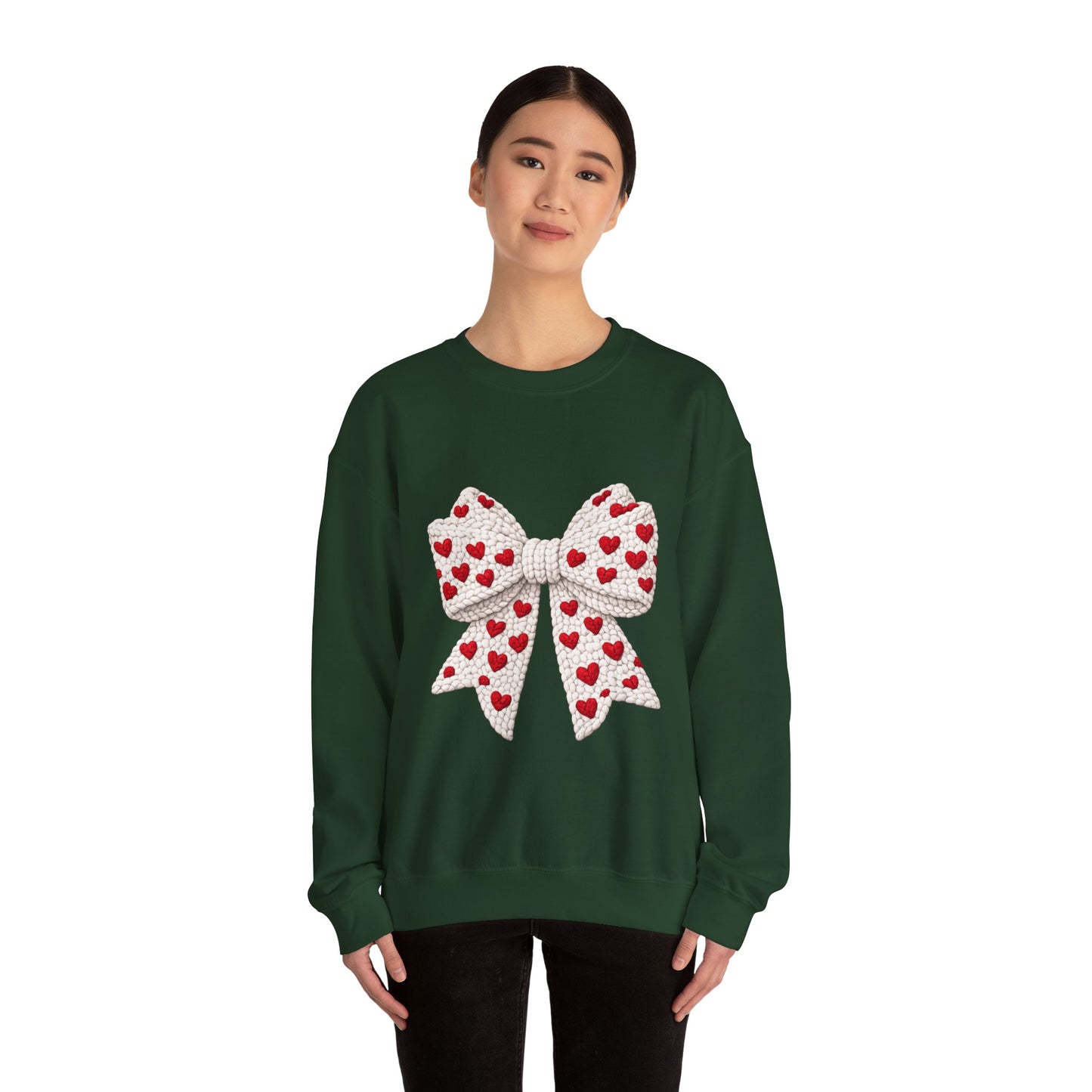 Crewneck Sweatshirt — Knit Heart Bow Graphic (Valentine’s Day, Cute Cozy Pullover)