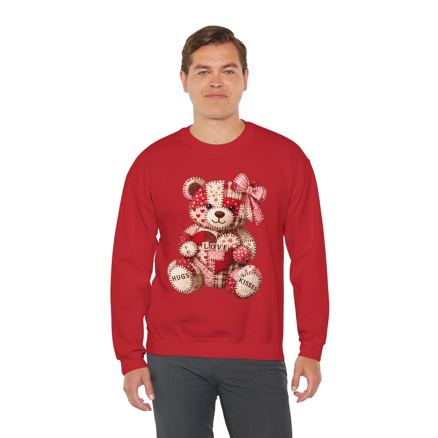 Valentine Patchwork Teddy Sweatshirt — 'Love' Hugs & Kisses Crewneck
