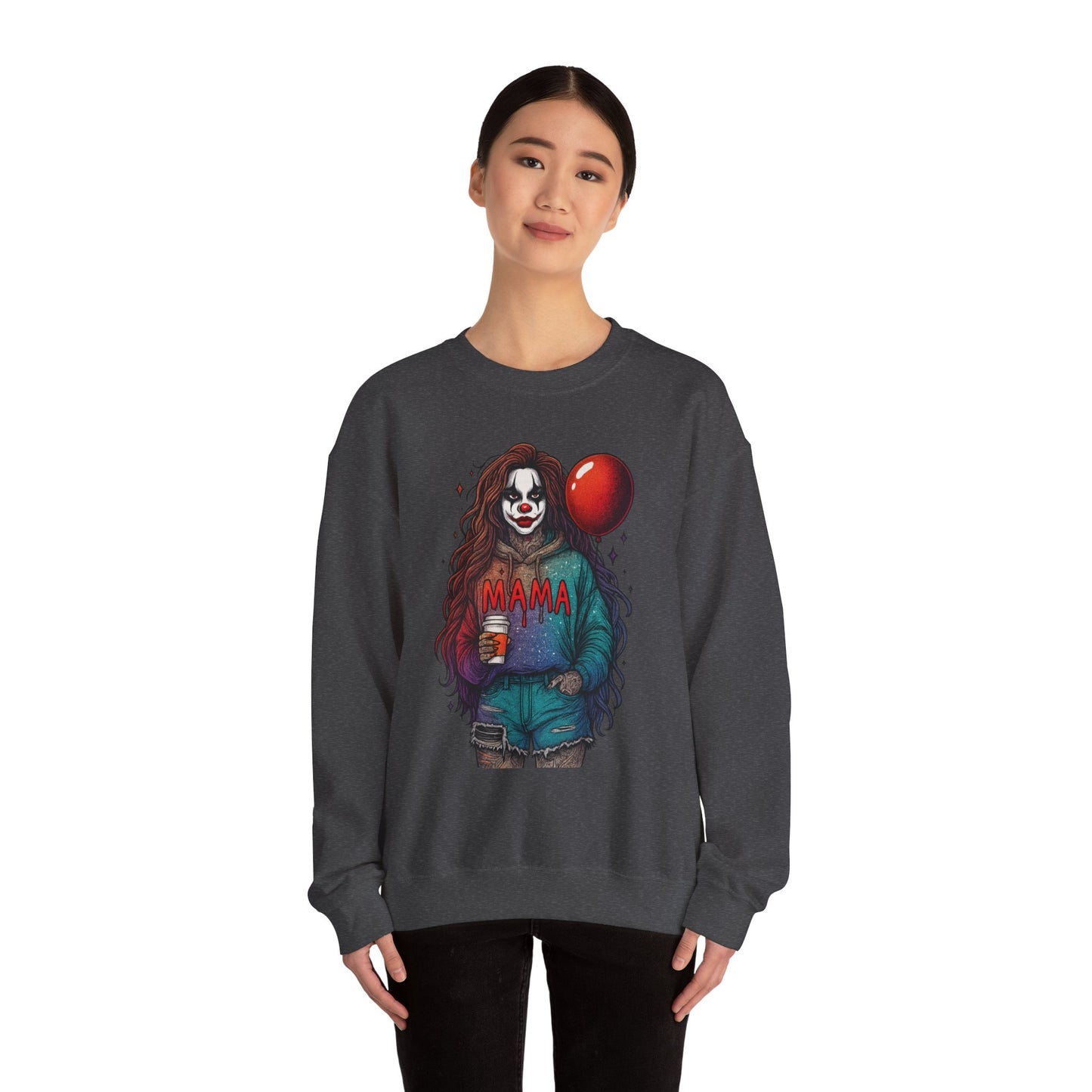 Clown-themed Crewneck Sweatshirt for Moms, Cozy Gift for Mother's Day, Halloween Apparel, Trendy Casual Wear, Unique Graphic Top