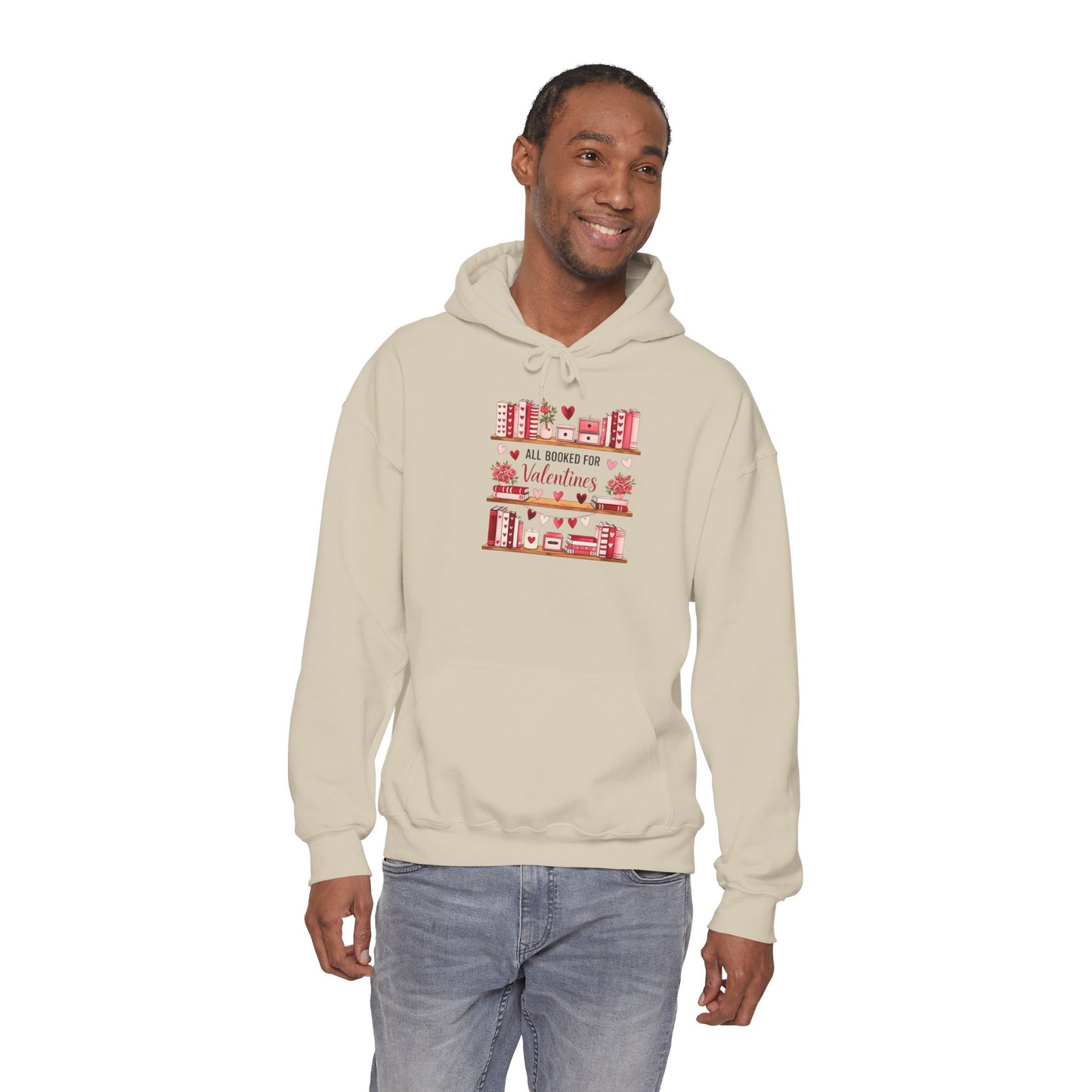 Valentine’s Day Cozy Hoodie – “All Booked for Valentine’s” Cute Bookshop Graphic