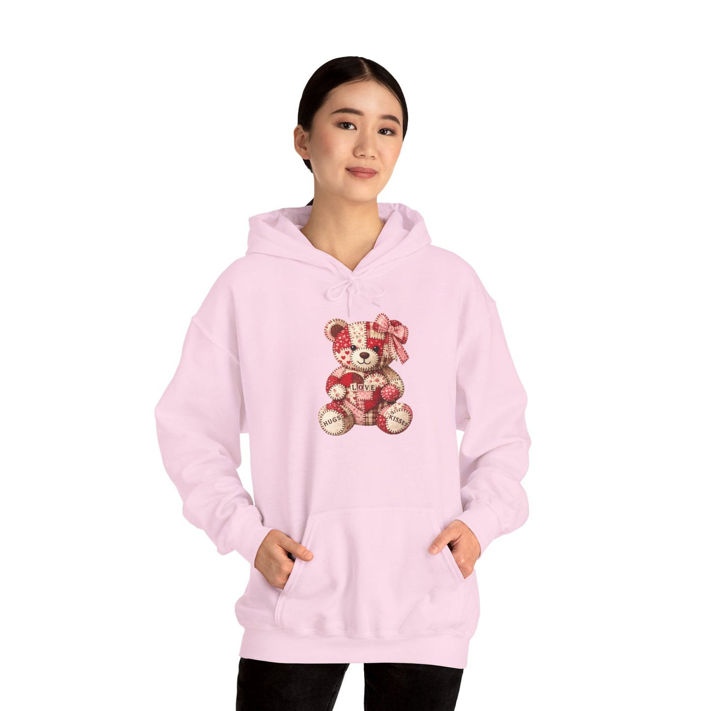 Teddy Bear Hoodie — Vintage Patchwork Bear Design with Bow