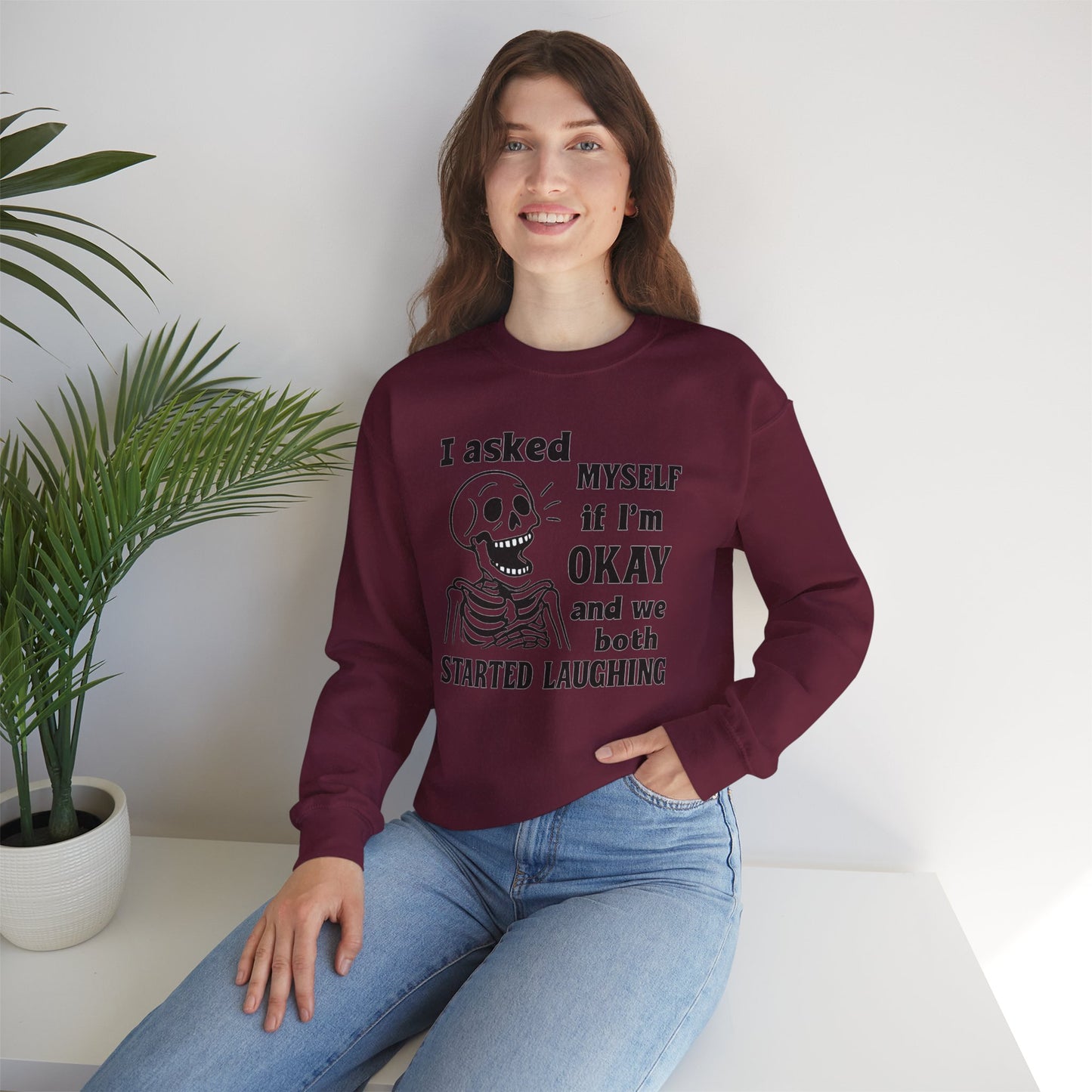 Funny Skeleton Sweatshirt, Unisex Crewneck for Comfort, Perfect for Halloween, Casual Wear, Gift for Friends, Cozy Laughs
