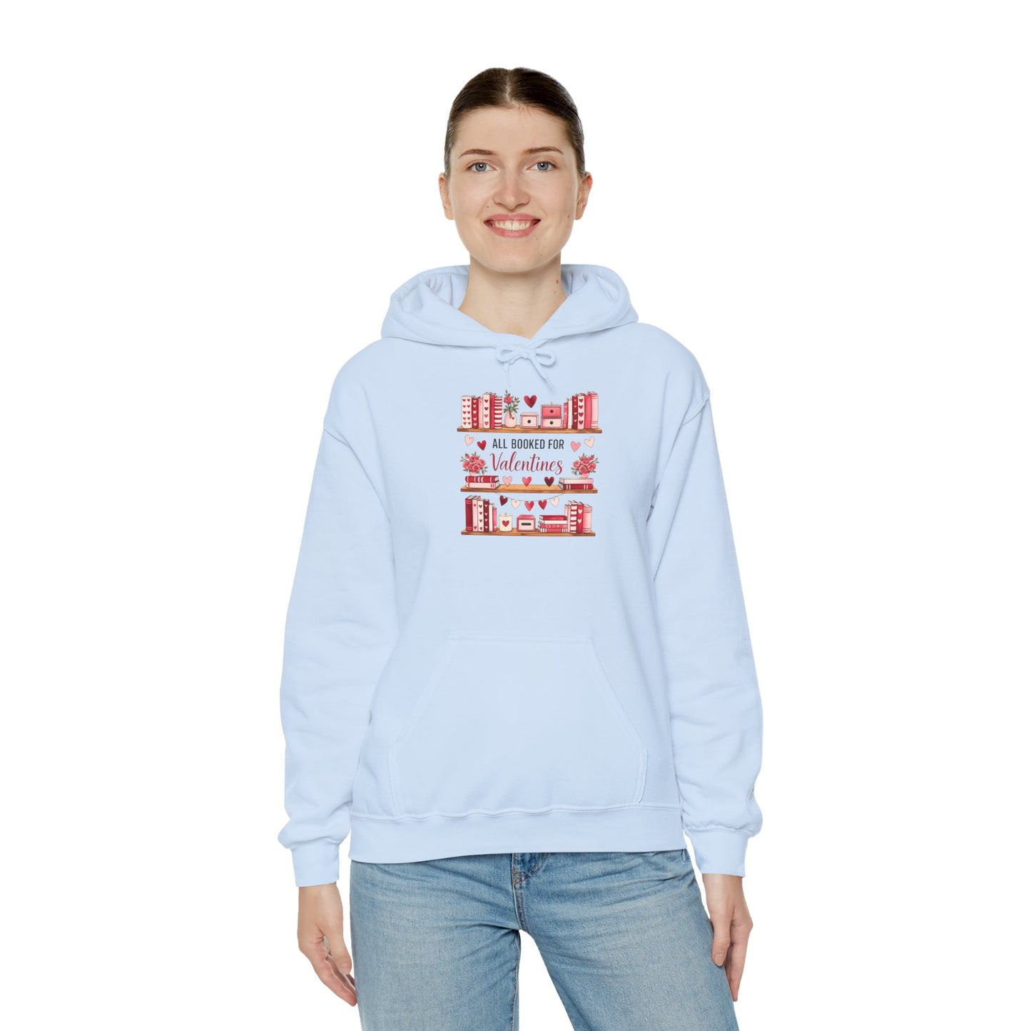 Valentine’s Day Cozy Hoodie – “All Booked for Valentine’s” Cute Bookshop Graphic