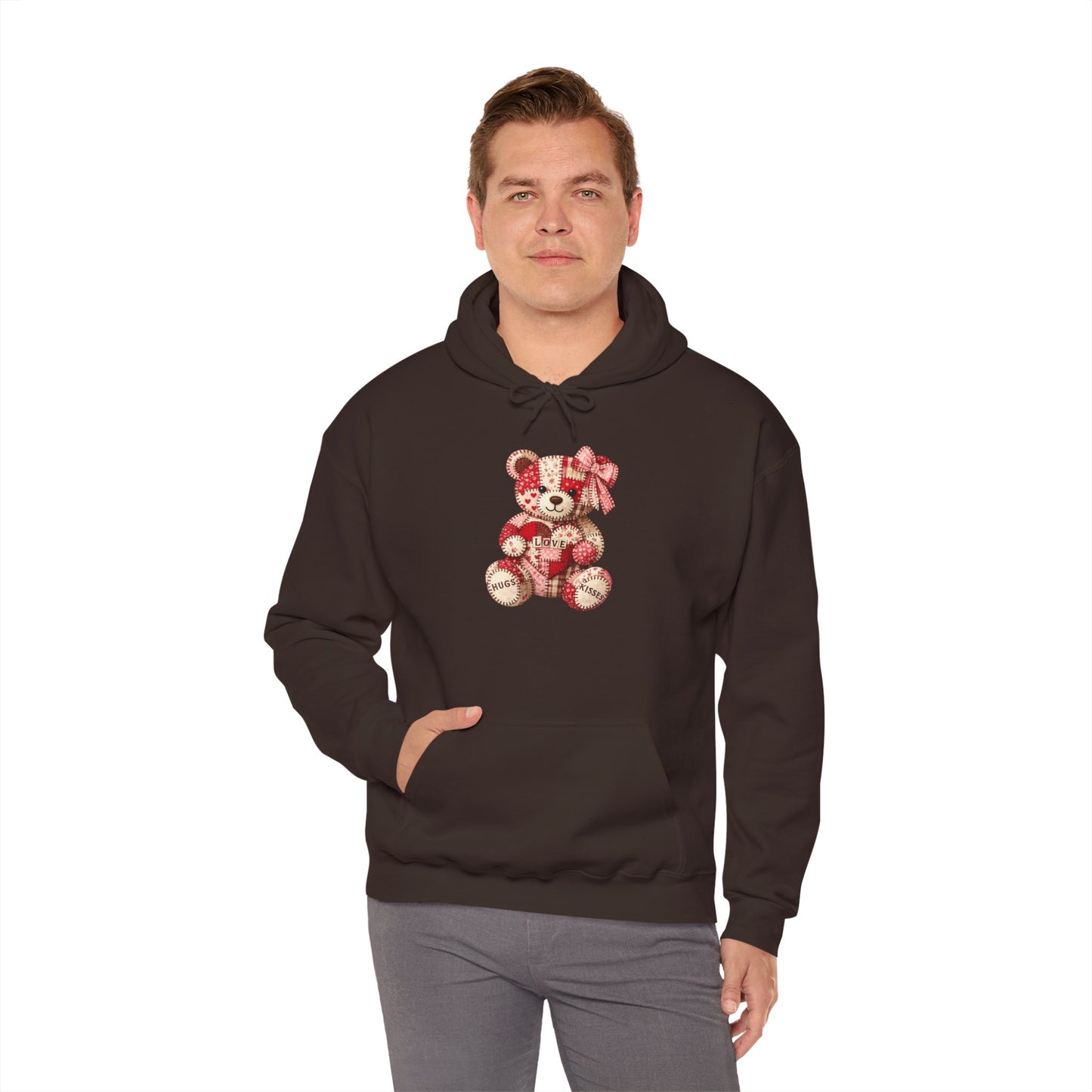 Teddy Bear Hoodie — Vintage Patchwork Bear Design with Bow