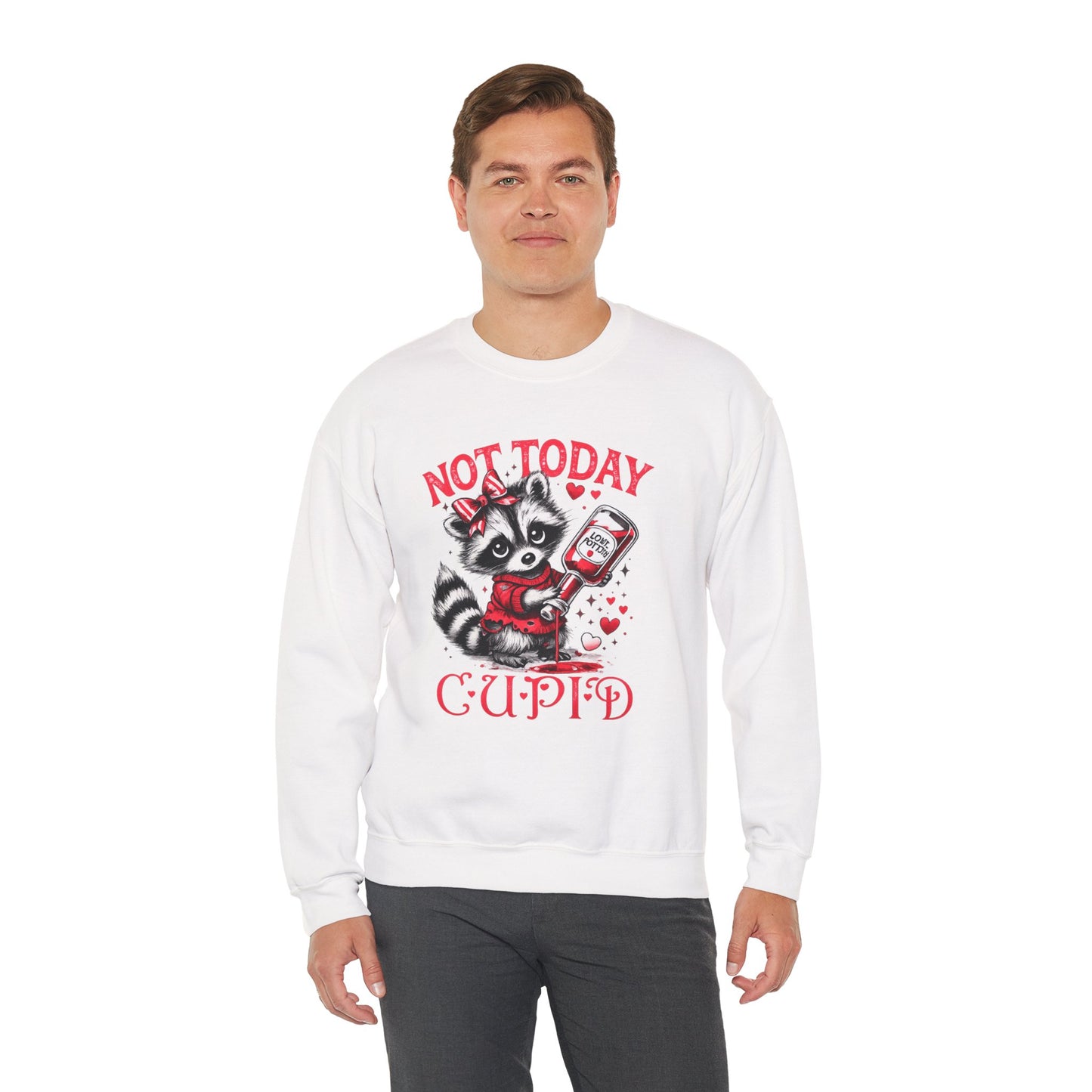 Not Today Cupid Sweatshirt — Cute Raccoon Anti-Valentine Crewneck