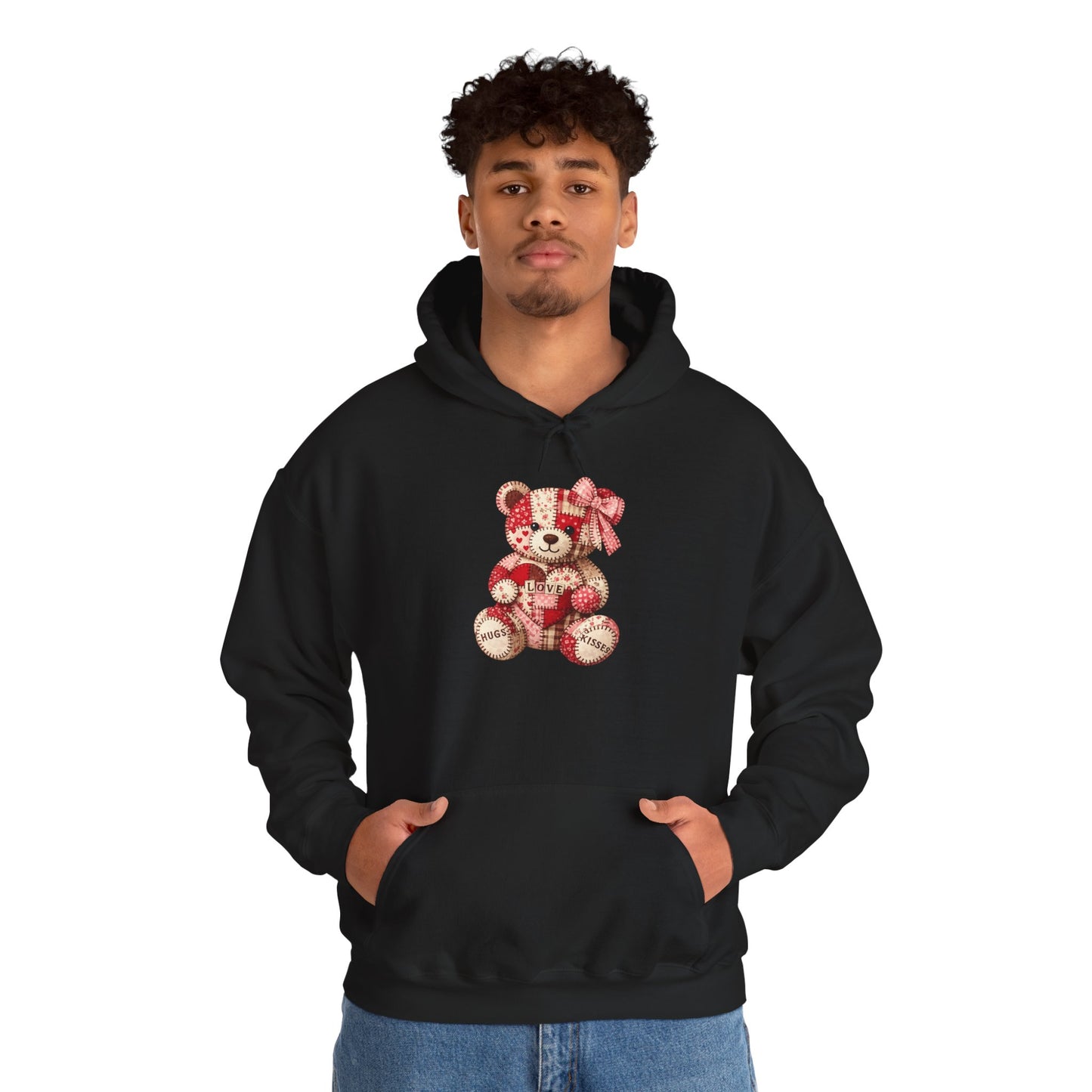 Teddy Bear Hoodie — Vintage Patchwork Bear Design with Bow