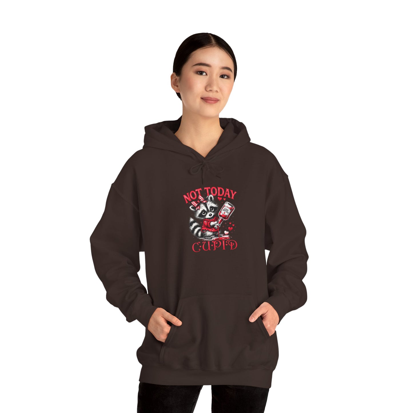 Not Today Cupido Raccoon Hoodie — Funny Valentine Anti-Love Sweatshirt