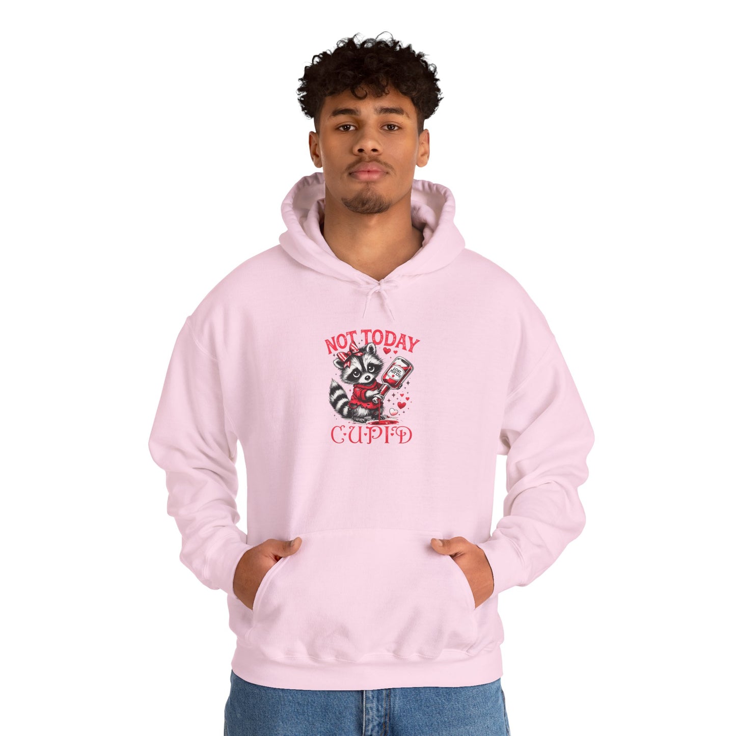 Not Today Cupido Raccoon Hoodie — Funny Valentine Anti-Love Sweatshirt
