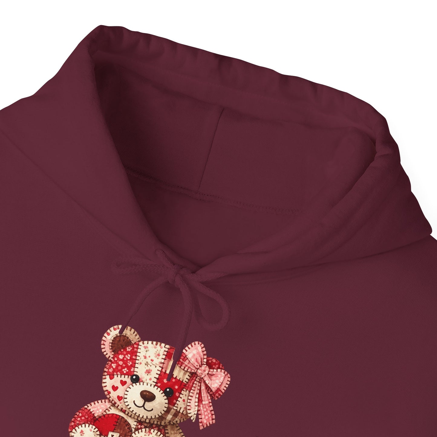 Teddy Bear Hoodie — Vintage Patchwork Bear Design with Bow