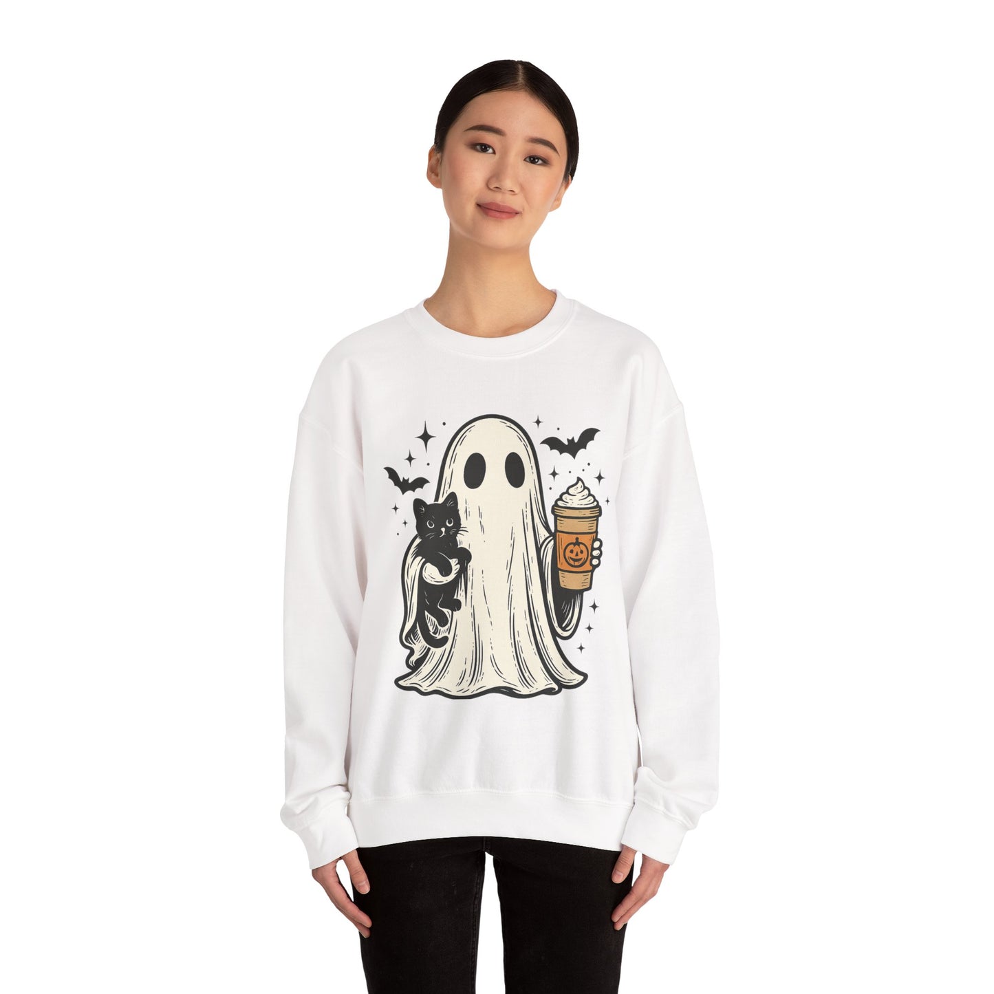 Ghostly Cuddle Sweatshirt - Cozy Unisex Crewneck, Halloween Apparel, Fall Fashion, Spooky Season, Cat Lover Gift