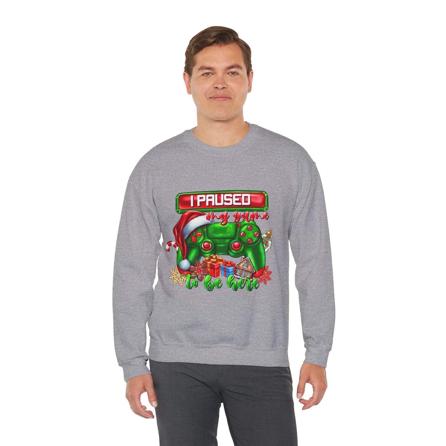 Gaming Christmas Sweatshirt — "I Paused My Game to Be Here" Controller Holiday Crewneck