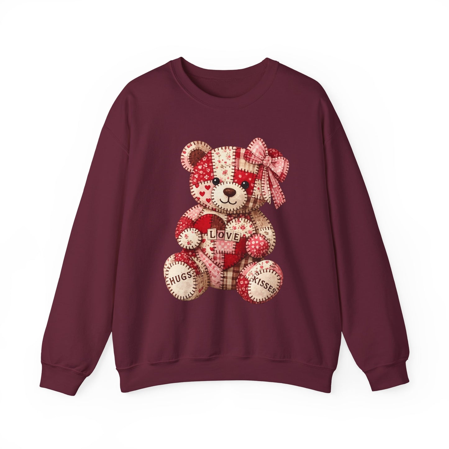 Valentine Patchwork Teddy Sweatshirt — 'Love' Hugs & Kisses Crewneck