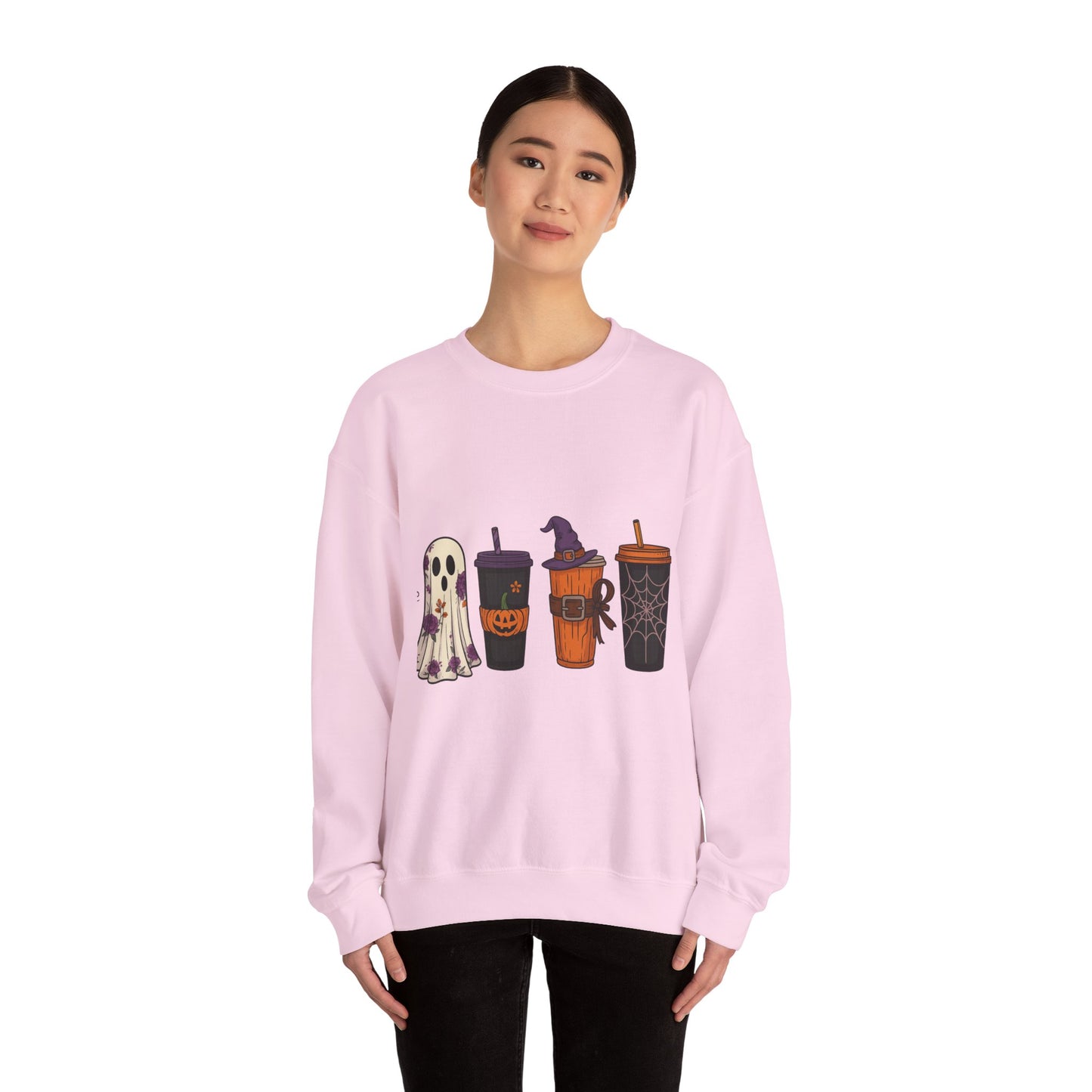Halloween Ghost & Drink Crewneck Sweatshirt, Cozy Sweatshirt, Fall Fashion, Halloween Gift, Unisex Pullover, Spooky Season Apparel