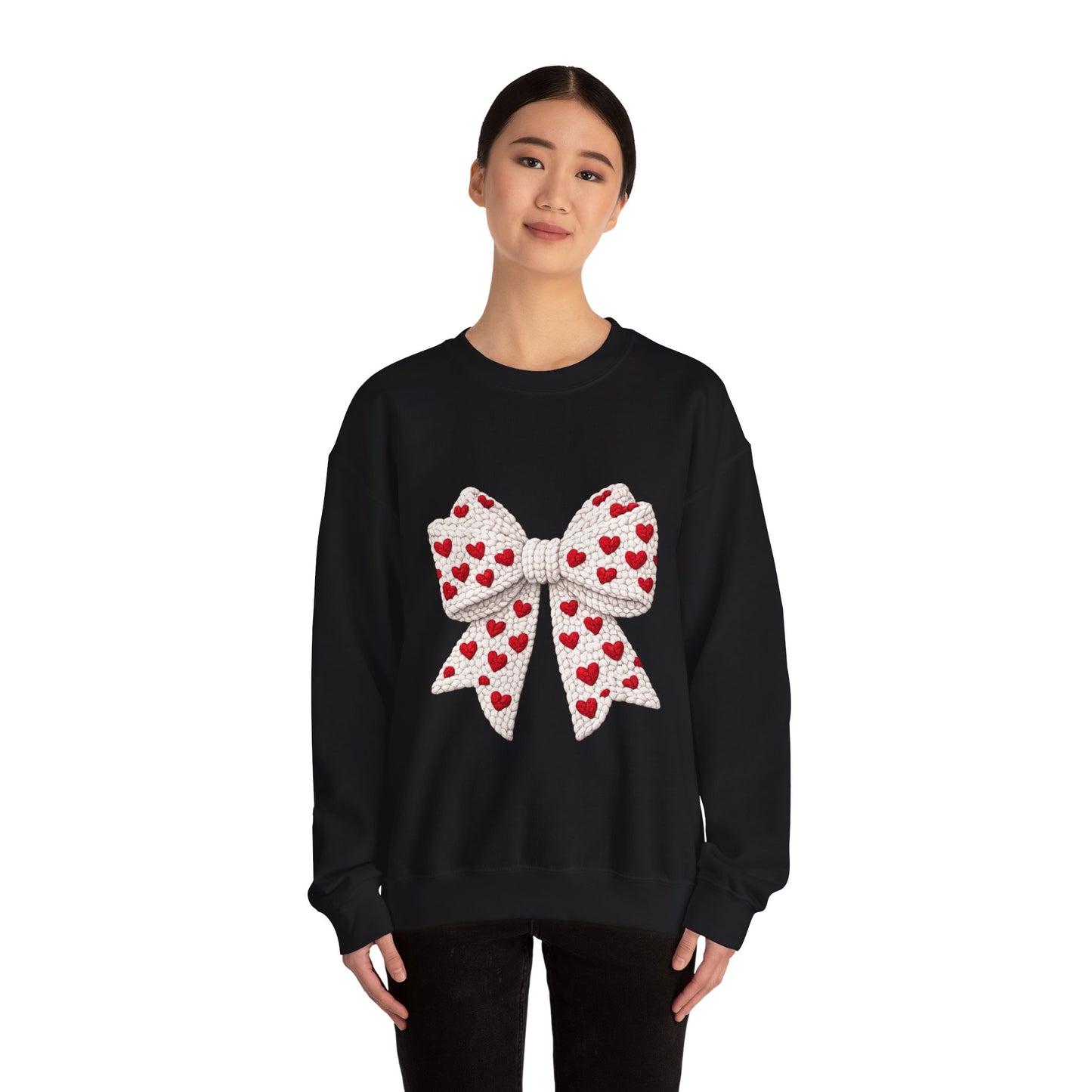 Crewneck Sweatshirt — Knit Heart Bow Graphic (Valentine’s Day, Cute Cozy Pullover)