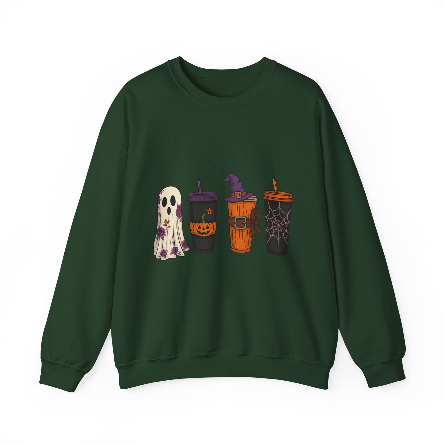 Halloween Ghost & Drink Crewneck Sweatshirt, Cozy Sweatshirt, Fall Fashion, Halloween Gift, Unisex Pullover, Spooky Season Apparel