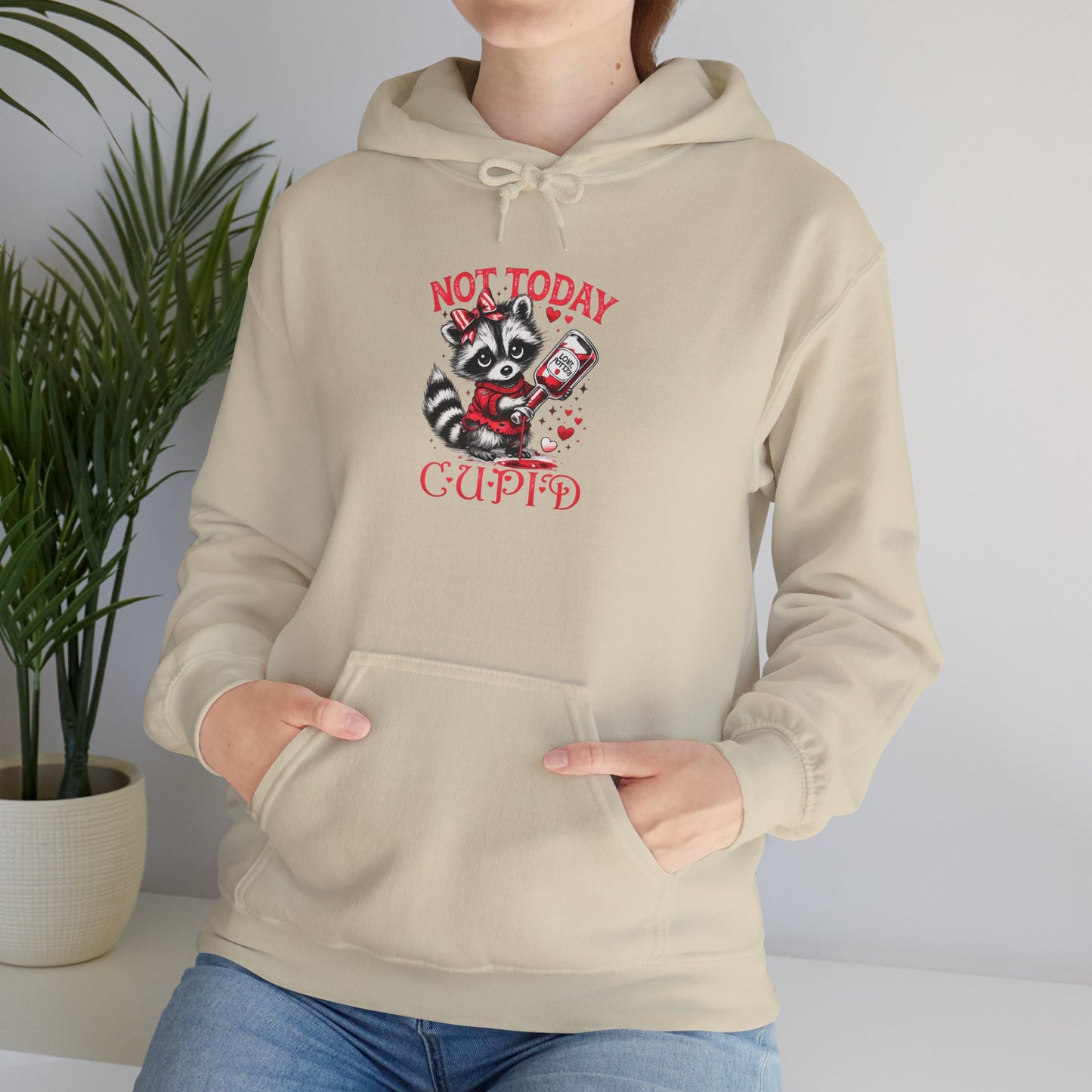Not Today Cupido Raccoon Hoodie — Funny Valentine Anti-Love Sweatshirt