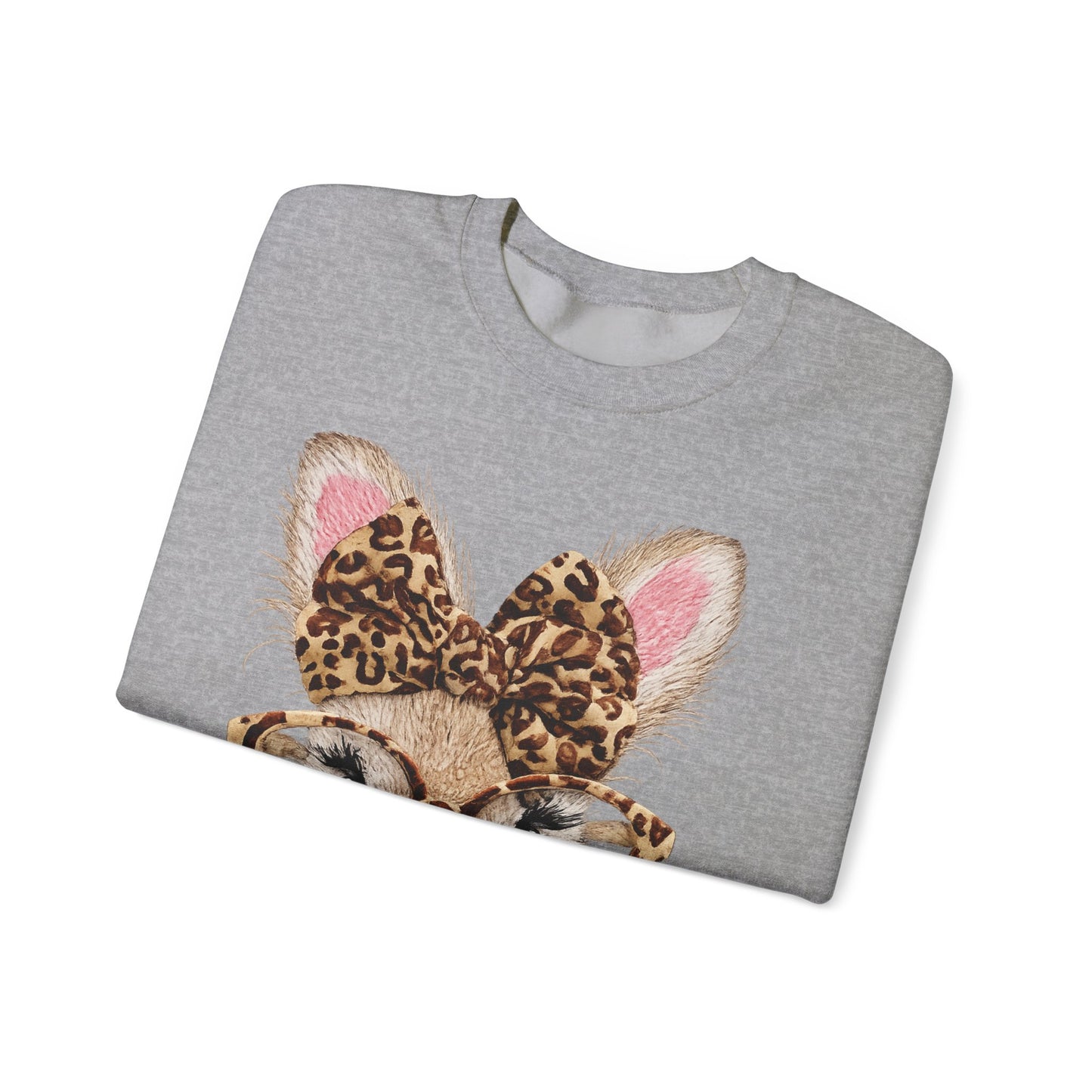 Bunny with Leopard Bow Sweatshirt – Cute Bunny Face with Glasses Graphic Crewneck