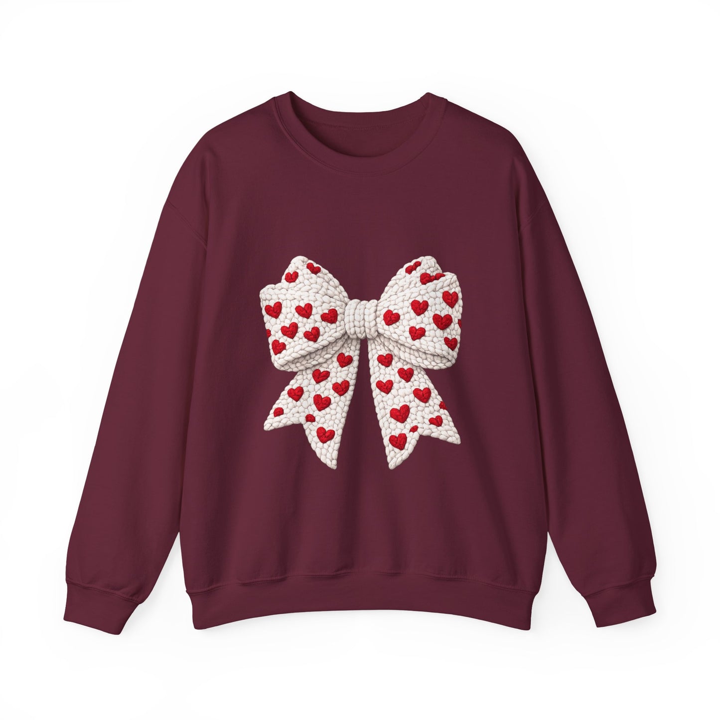 Crewneck Sweatshirt — Knit Heart Bow Graphic (Valentine’s Day, Cute Cozy Pullover)