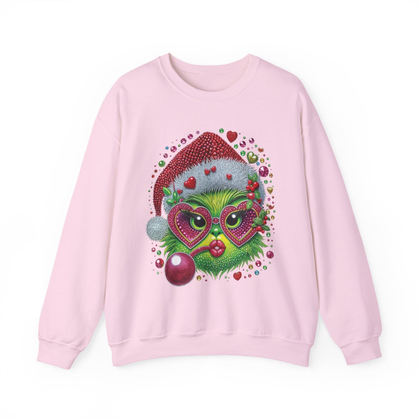 Christmas Grinch Cat Sweatshirt — Festive Santa Hat & Heart Sunglasses Holiday Crewneck