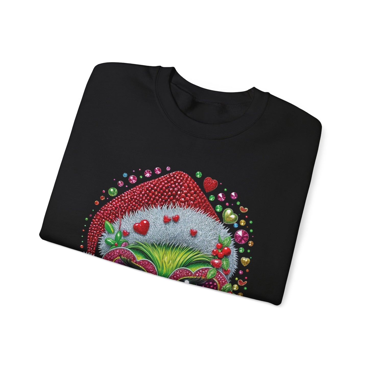 Christmas Grinch Cat Sweatshirt — Festive Santa Hat & Heart Sunglasses Holiday Crewneck