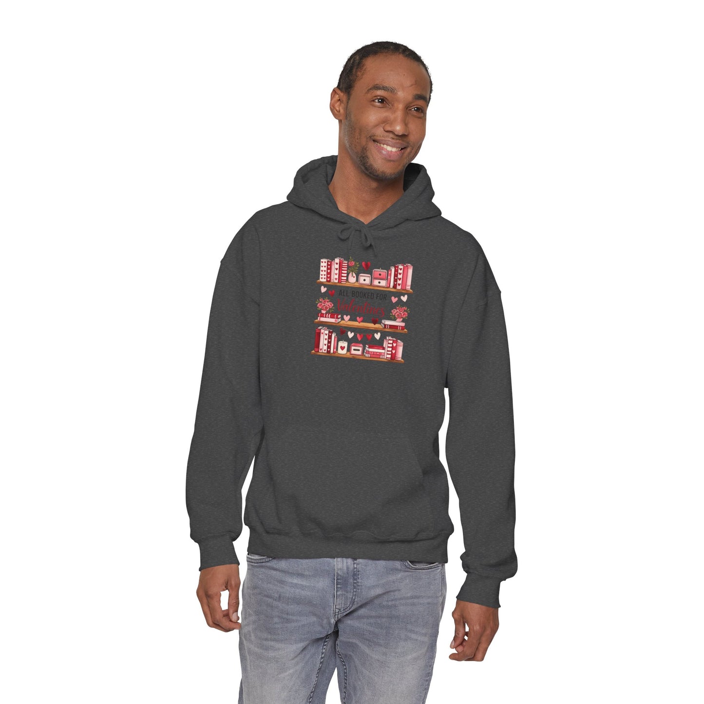 Valentine’s Day Cozy Hoodie – “All Booked for Valentine’s” Cute Bookshop Graphic