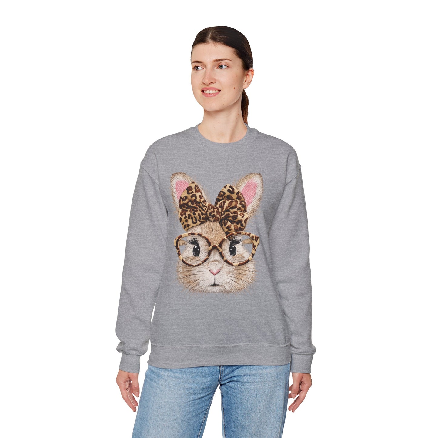 Bunny with Leopard Bow Sweatshirt – Cute Bunny Face with Glasses Graphic Crewneck
