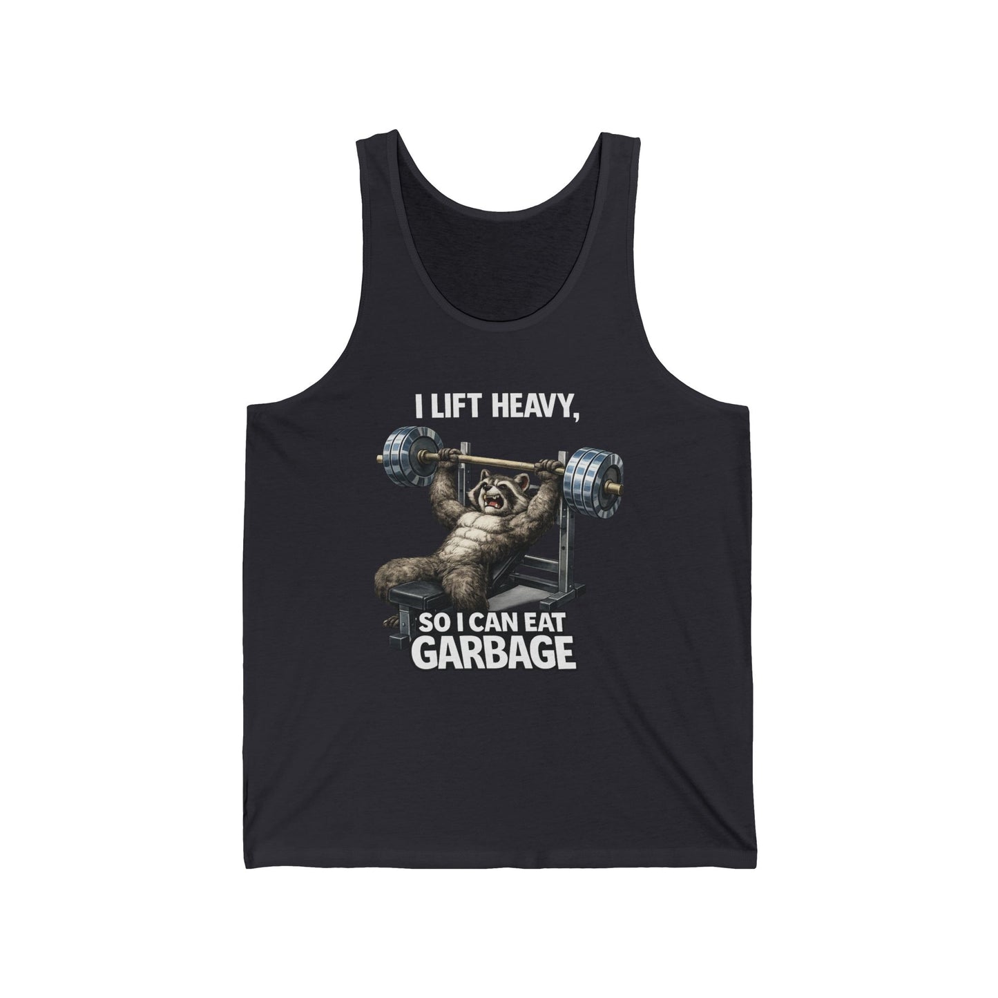 Tank Top — "I Lift Heavy So I Can Eat Garbage" Funny Raccoon Weightlifting Gym Tank