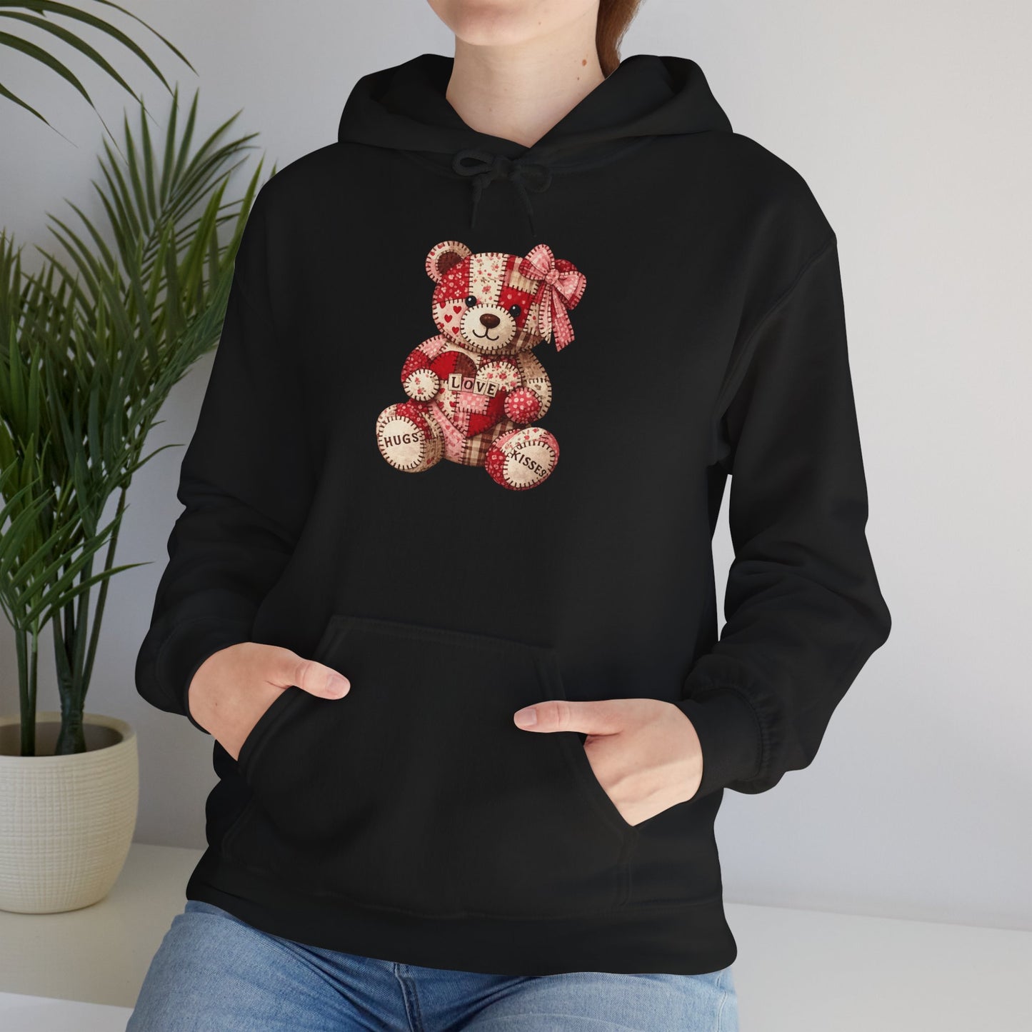 Teddy Bear Hoodie — Vintage Patchwork Bear Design with Bow