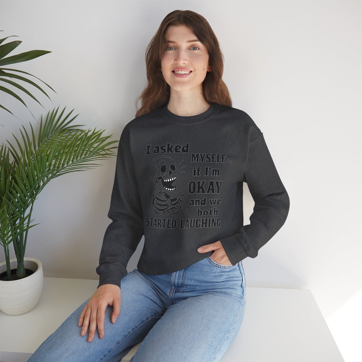 Funny Skeleton Sweatshirt, Unisex Crewneck for Comfort, Perfect for Halloween, Casual Wear, Gift for Friends, Cozy Laughs