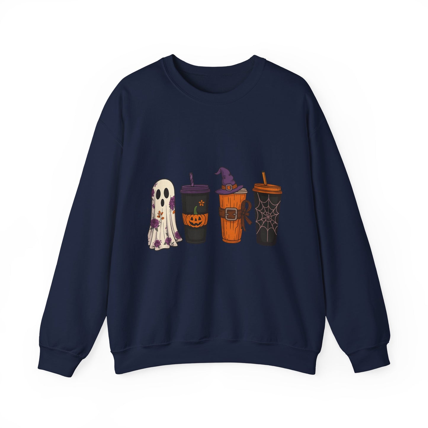 Halloween Ghost & Drink Crewneck Sweatshirt, Cozy Sweatshirt, Fall Fashion, Halloween Gift, Unisex Pullover, Spooky Season Apparel