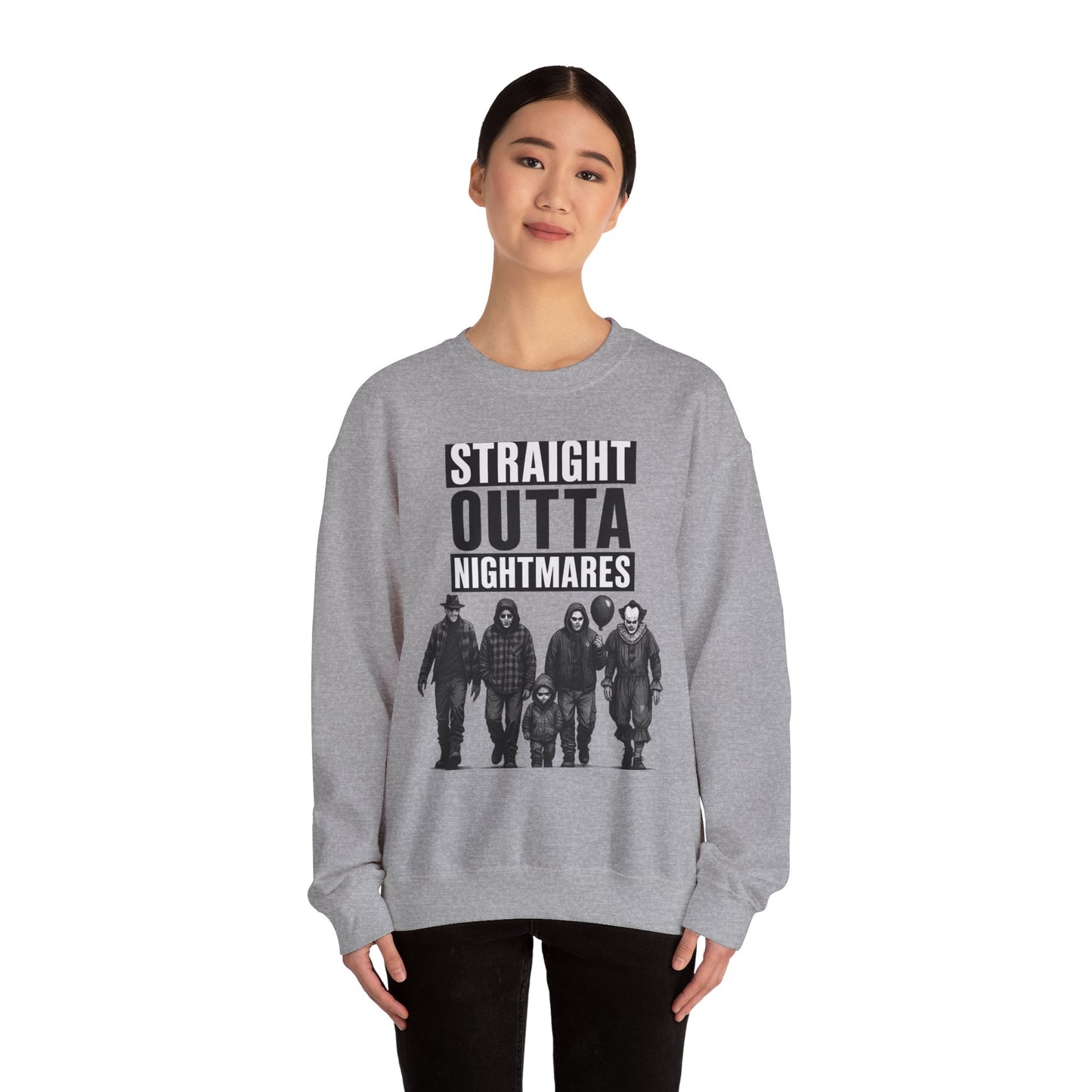 Straight Outta Nightmares Crewneck Sweatshirt | Unisex Pullover for Halloween, Cozy Gift for Horror Fans, Casual Layering