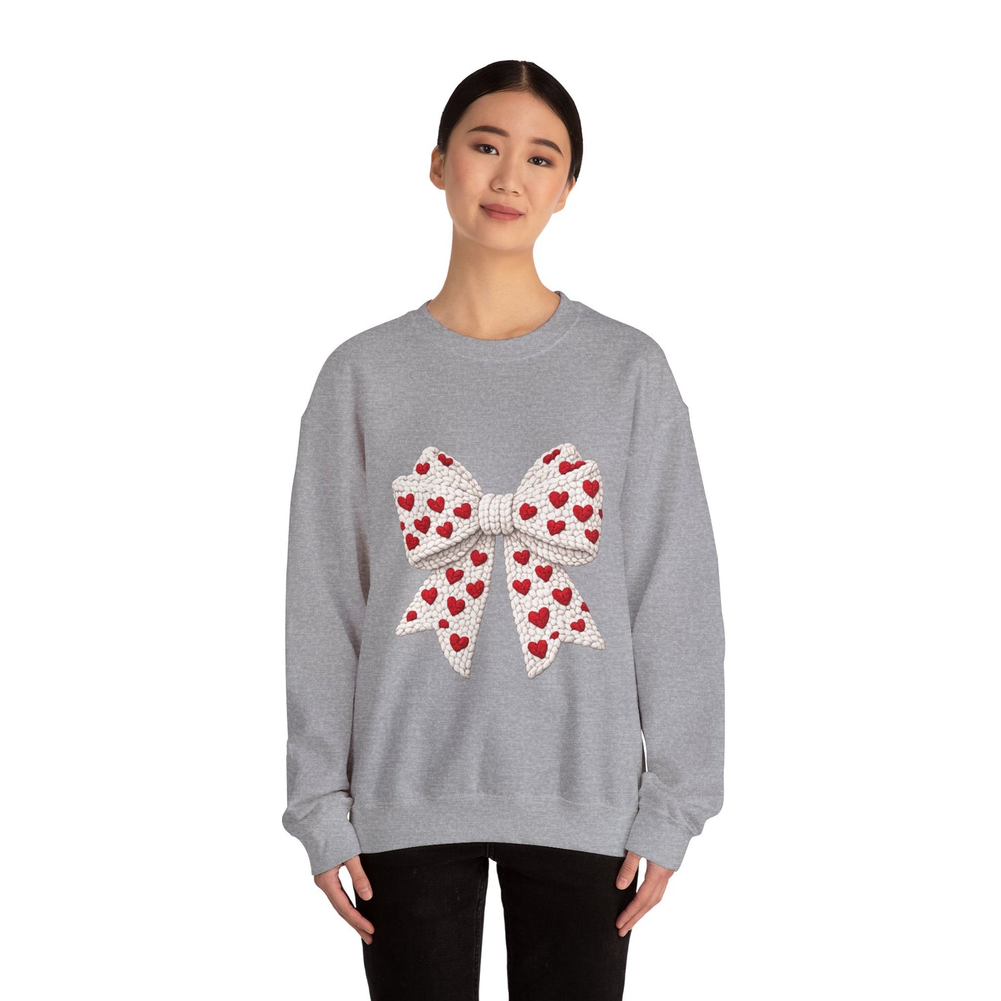 Crewneck Sweatshirt — Knit Heart Bow Graphic (Valentine’s Day, Cute Cozy Pullover)