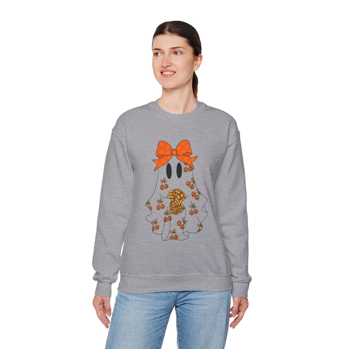 Cute Ghost with Bow Sweatshirt, Halloween Gift, Cozy Crewneck, Unisex Pullover, Fall Fashion, Seasonal Apparel