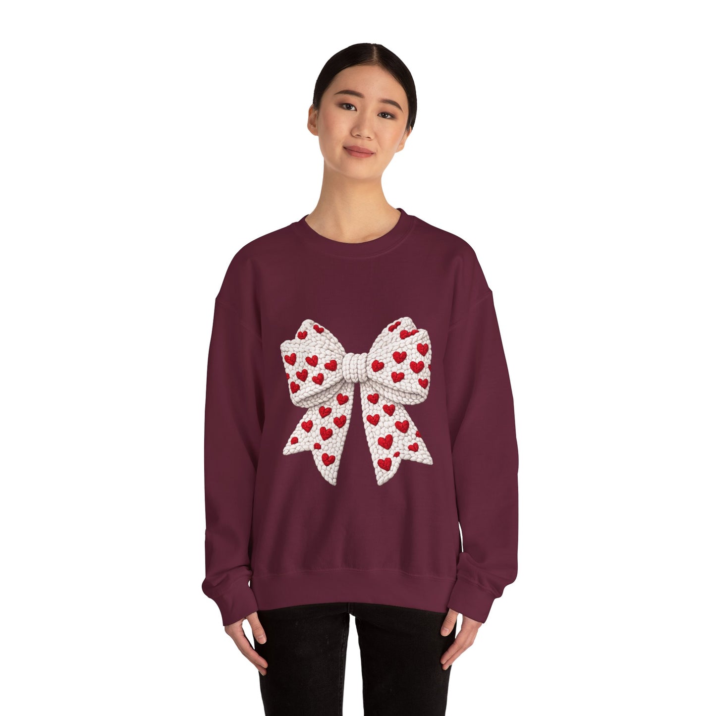 Crewneck Sweatshirt — Knit Heart Bow Graphic (Valentine’s Day, Cute Cozy Pullover)