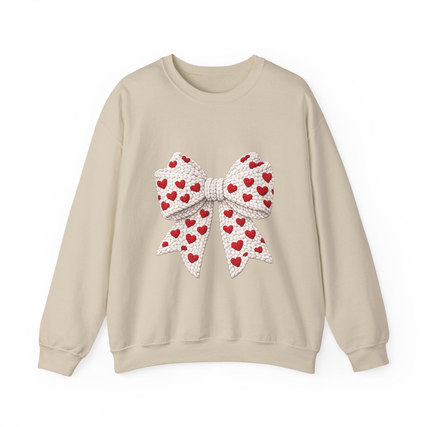 Crewneck Sweatshirt — Knit Heart Bow Graphic (Valentine’s Day, Cute Cozy Pullover)