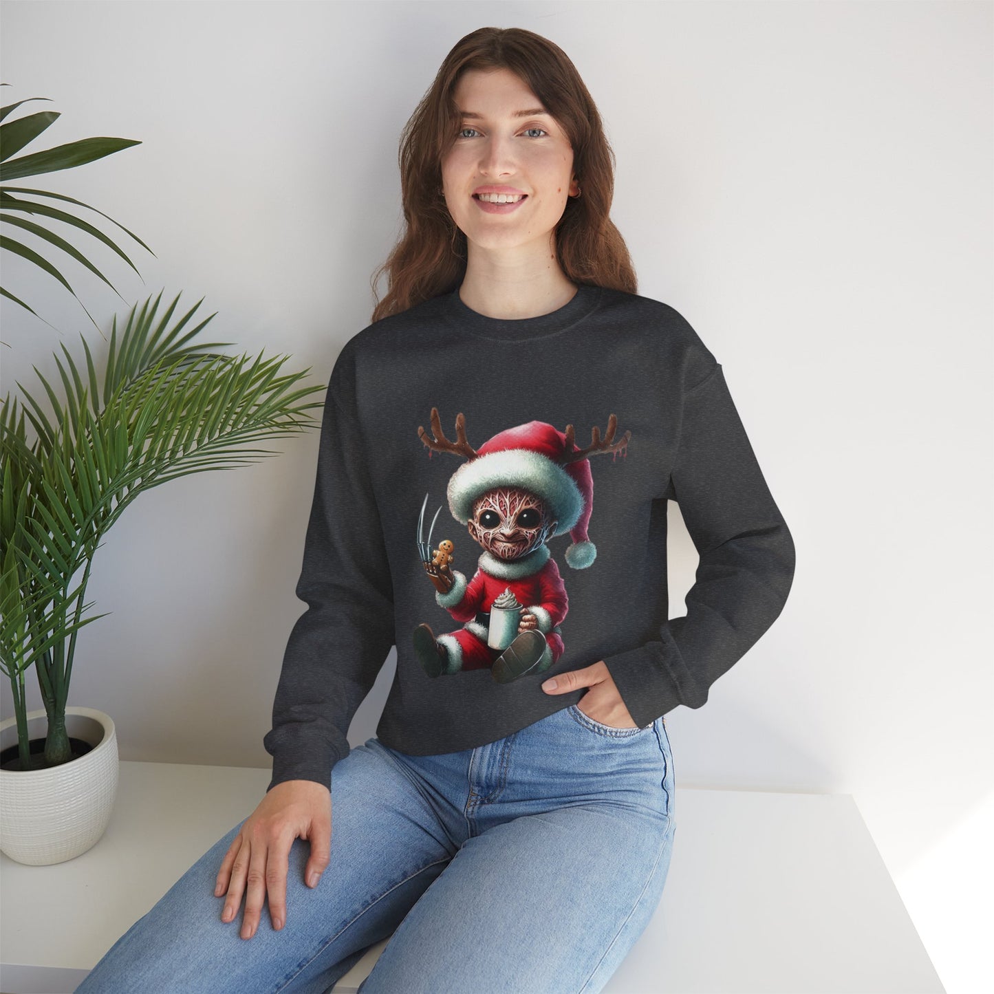 Christmas Cat Elf Sweatshirt — Cute Santa Kitten with Antlers Holiday Crewneck