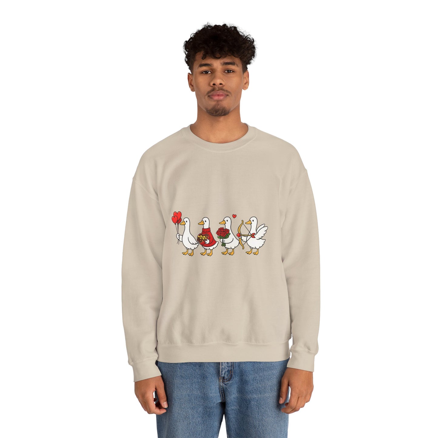 Geese Parade Crewneck Sweatshirt – Cute Valentine Ducks Holding Hearts Graphic