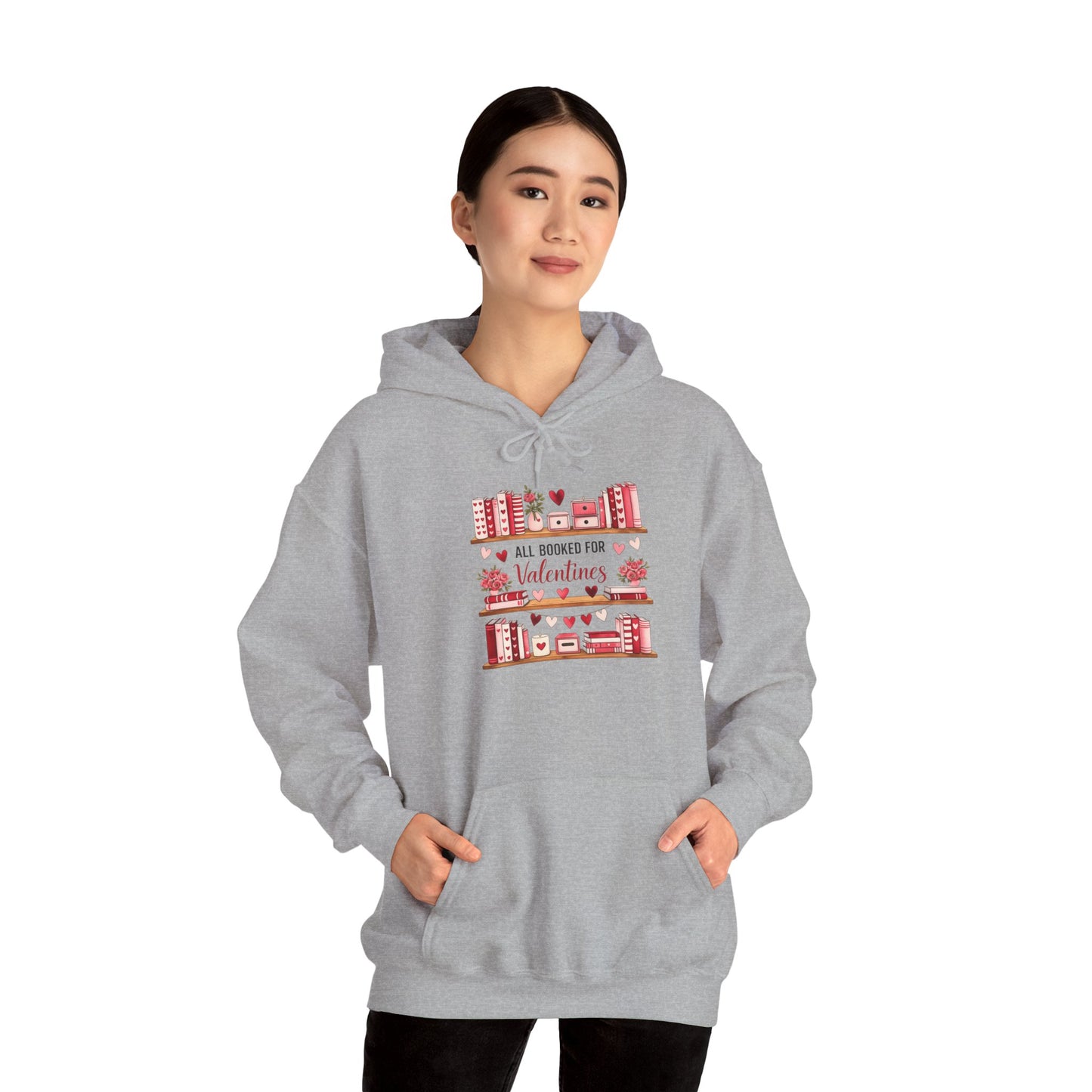Valentine’s Day Cozy Hoodie – “All Booked for Valentine’s” Cute Bookshop Graphic