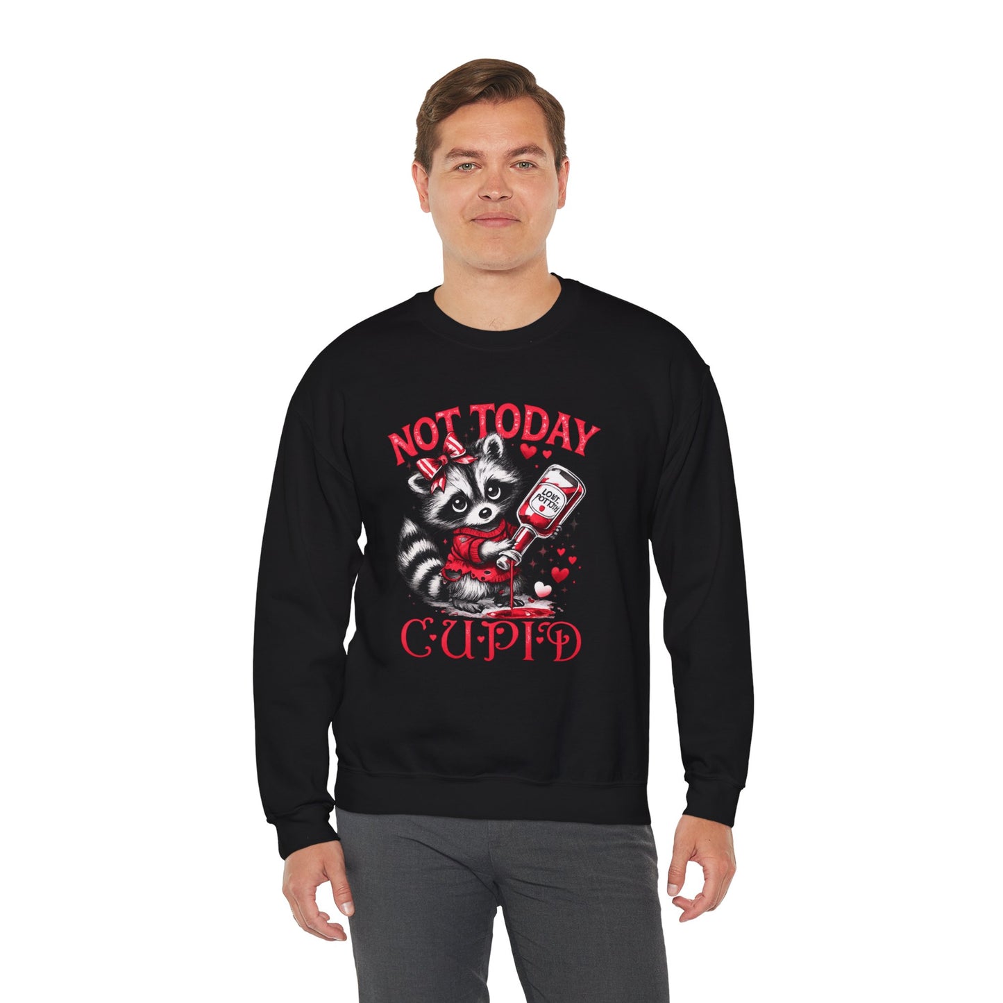 Not Today Cupid Sweatshirt — Cute Raccoon Anti-Valentine Crewneck