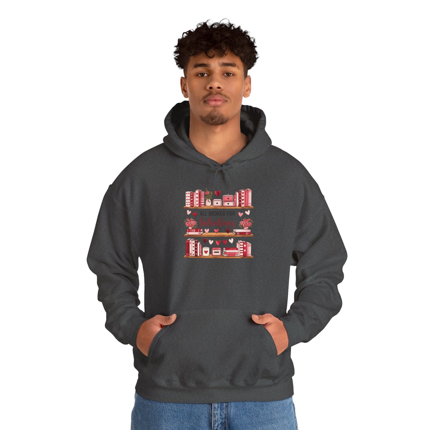 Valentine’s Day Cozy Hoodie – “All Booked for Valentine’s” Cute Bookshop Graphic