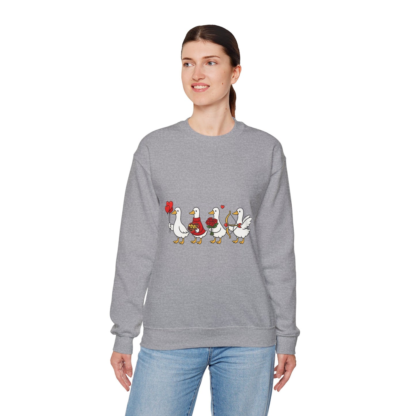 Geese Parade Crewneck Sweatshirt – Cute Valentine Ducks Holding Hearts Graphic
