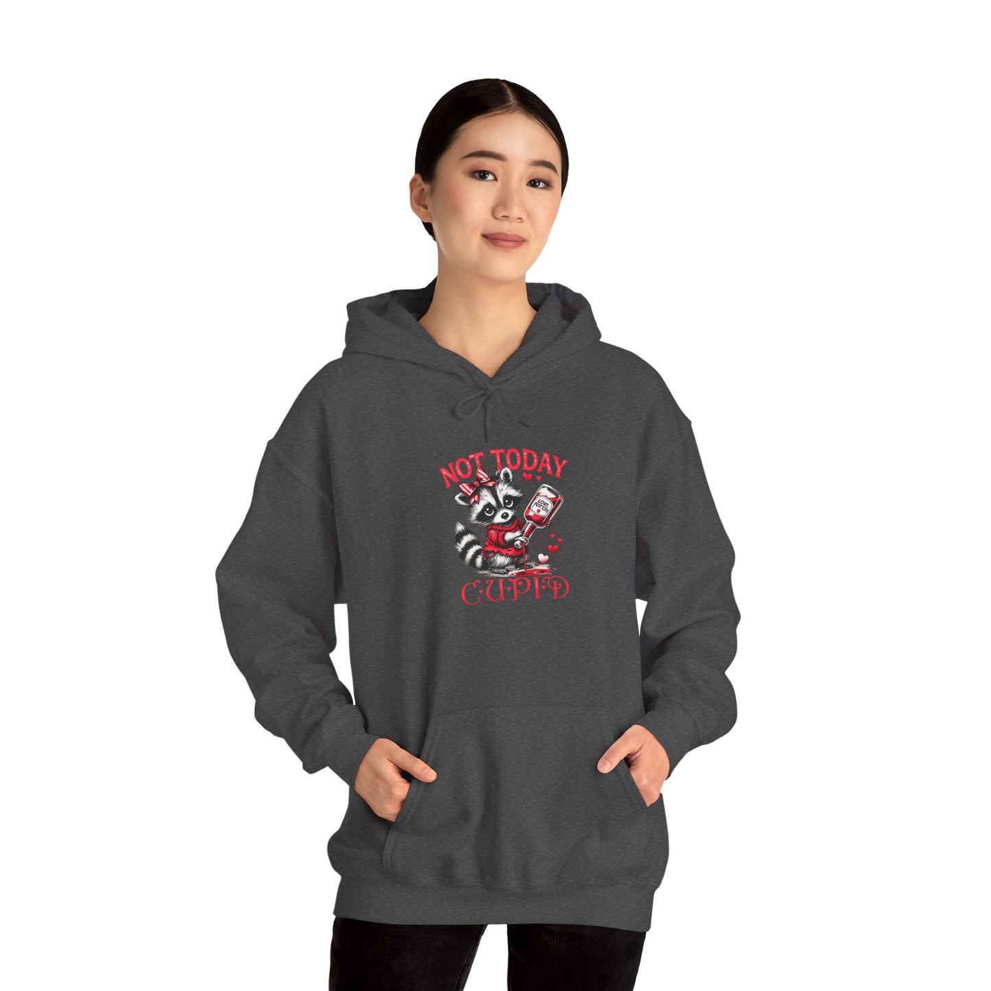 Not Today Cupido Raccoon Hoodie — Funny Valentine Anti-Love Sweatshirt